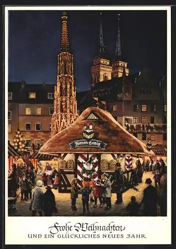 Künstler-AK Nürnberg, Christkindlmarkt mit Honigstand Fa. Lebkuchen Schmidt u. Türmen der Sebalduskirche bei Dämmerung