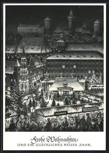 Künstler-AK Nürnberg, Christkindlesmarkt 1965, Burg, Schöner Brunnen und Schmidt`s Honig- und Lebkuchenhaus