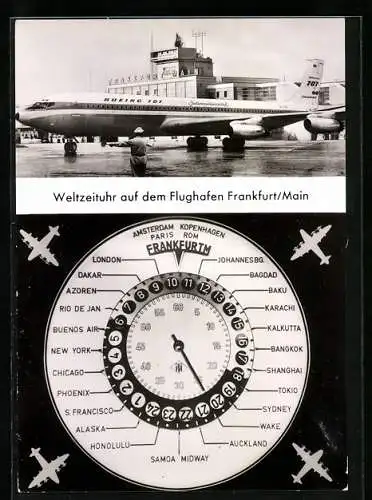 AK Frankfurt, Flugzeug Boeing 707 d. Intercontinental auf dem Flughafen Rhein-Main, Weltzeituhr