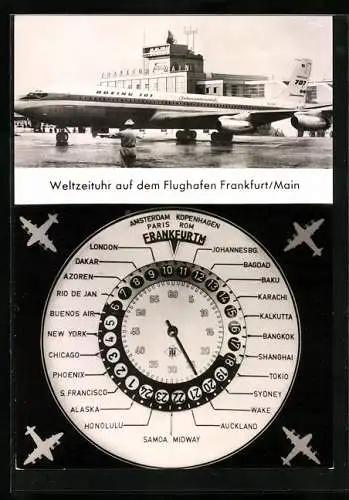 AK Frankfurt, Flugzeug Boeing 707 d. Intercontinental auf dem Flughafen Rhein-Main, Weltzeituhr