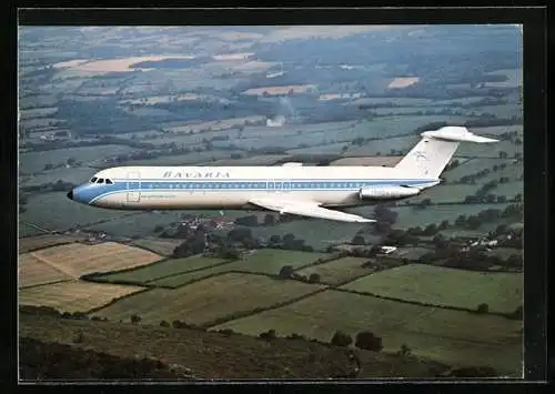 AK Flugzeug Bac Super One-Eleven Holiday Jet der Bavaria Germanair überfliegt eine ländliche Gegend