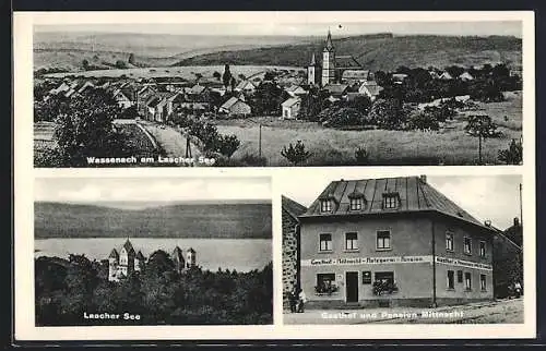 AK Wassenach am Laacher See, Gasthof, Metzgerei und Pension Mittnacht, Laacher See, Panorama des Ortes