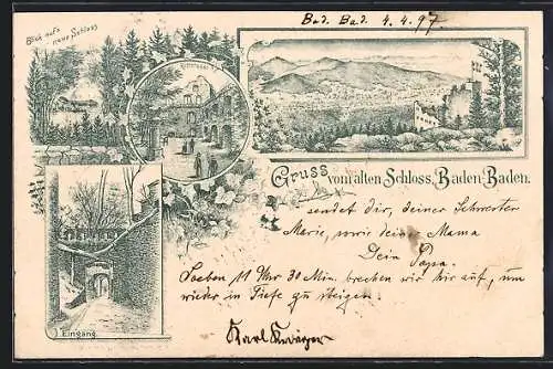 Lithographie Baden-Baden, Altes Schloss, Rittersaal, Eingang