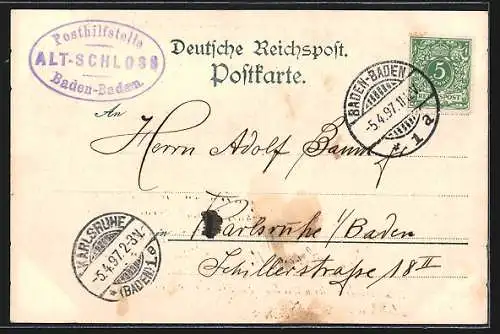 Lithographie Baden-Baden, Altes Schloss, Rittersaal, Eingang