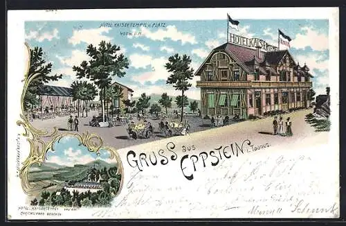 Lithographie Eppstein i. Taunus, Hotel Kaisertempel und Platz, Hotel und Kaisertempel von der Martinswand gesehen