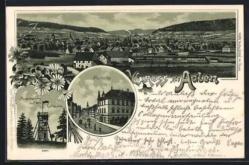 Lithographie Aalen, Aussichtsturm auf dem Aalbäumle, Marktplatz, Ortsansicht