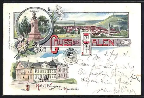 Lithographie Aalen, Schubart-Denkmal, Hotel Wagner zur Harmonie, Ortsansicht