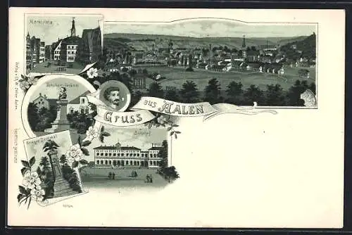 Lithographie Aalen, Bahnhof, Krieger-Denkmal, Schubart-Denkmal