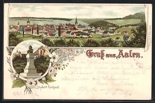 Lithographie Aalen, Totalansicht, Schubart Denkmal