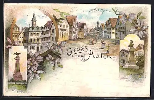 Lithographie Aalen, Rathaus, Marktplatz, Krieger-Denkmal