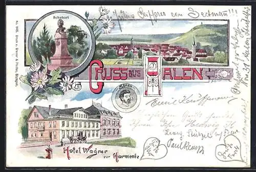 Lithographie Aalen, Schubart-Denkmal, Hotel Wagner zur Harmonie, Ortsansicht