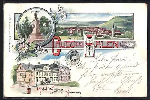 Lithographie Aalen, Hotel Wagner zur Harmonie, Schubart-Denkmal, Panorama