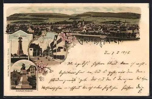 Lithographie Aalen, Marktplatz, Schubart-Denkmal, Krieger-Denkmal