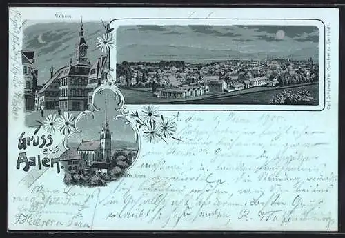 Mondschein-Lithographie Aalen, Teilansicht, Rathaus