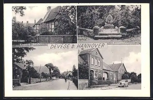 AK Devese b. Hannover, Geschäftshaus Alwin Ludwig, Kirche und Schule, Kriegerehrung