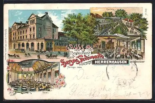 Lithographie Herrenhausen, Restaurant zum Herzog Ferdinand, Innenansicht, Garten