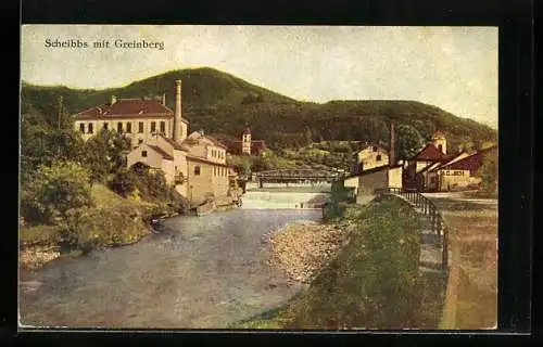 AK Scheibbs, Ortsansicht mit Flusspartie, Brücke und Greinberg