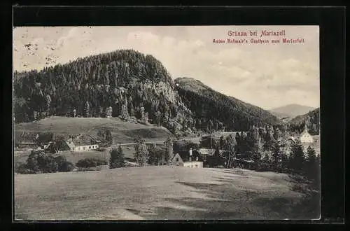 AK Grünau bei Mariazell, Ortsansicht aus der Vogelschau