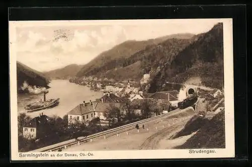 AK Sarmingstein, Teilansicht mit fahrender Eisenbahn