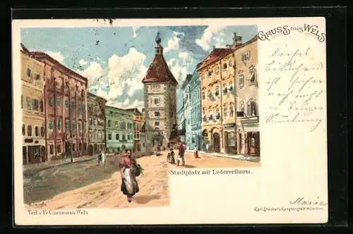 AK Wels, Stadtplatz mit Ledererturm