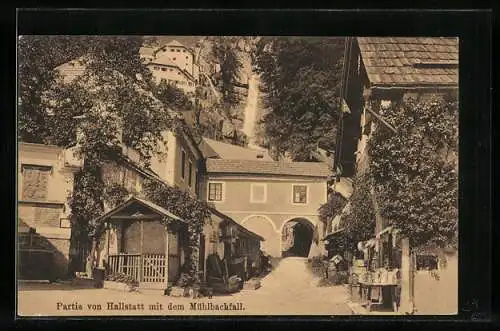 AK Hallstatt, Ortspartie mit Mühlbachfall
