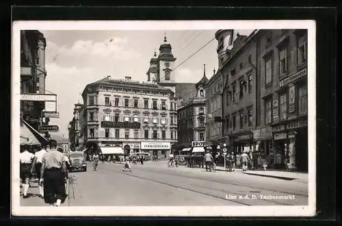 AK Linz a.d. Donau, Taubenmarkt, Geschäfte, Drogerie, Österreichisches Verkehrsbüro