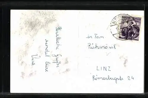 AK Altheim, Strassenpartie mit Denkmal