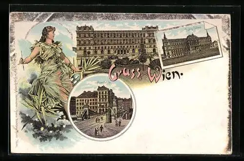 Lithographie Wien, Akademie der bild. Künste, Justiz-Palais, Aspernbrücke