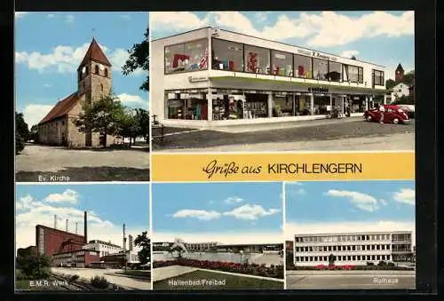 AK Kirchlengern, Ev. Kirche, E. M. R. Werk, Hallenbad /Freibad und Rathaus