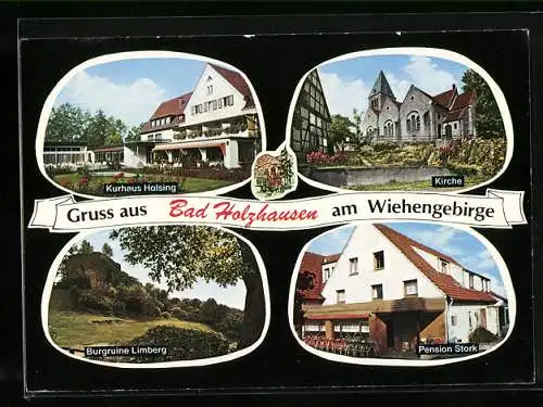 AK Bad Holzhausen, Kurhaus Holsing, Kirche, Burgruine Limberg und Hotel-Pension Stork
