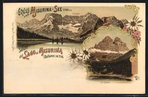 Lithographie Belluno, Lago di Misurina, Misurina-See und Drei Zinnen