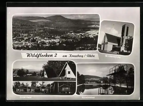 AK Wildflecken 2 am Kreuzberg, St. Kilianskirche, Schwimmbad, CVJM-Heim