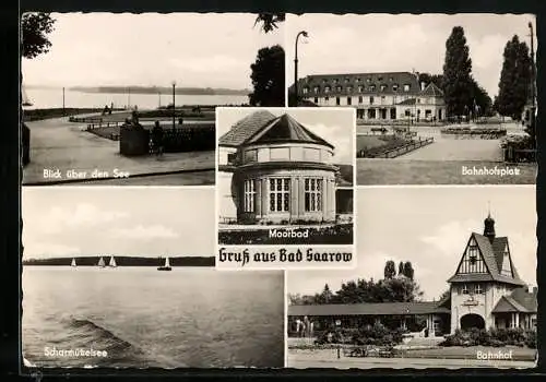 AK Bad Saarow, Bahnhof, Blick über den See, Bahnhofsplatz, Moorbad, Scharmützelsee