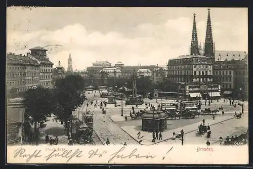 AK Dresden, Postplatz mit Strassenbahnen