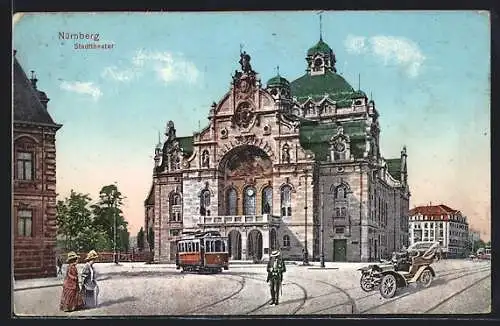 AK Nürnberg, eine Strassenbahn vor dem Stadttheater