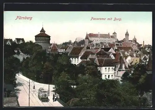 AK Nürnberg, Panorama mit Burg und Strassenbahn