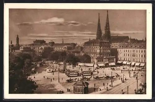 AK Dresden, Post-Platz mit Geschäften, Kirche und Strassenbahn
