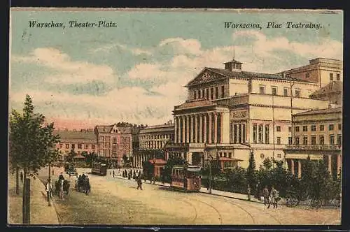 AK Warschau, Theater-Platz mit Strassenbahn