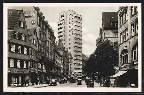 AK Stuttgart, Tagblatt, Turmhaus, Strassenbahn, Automobile, Geschäfte