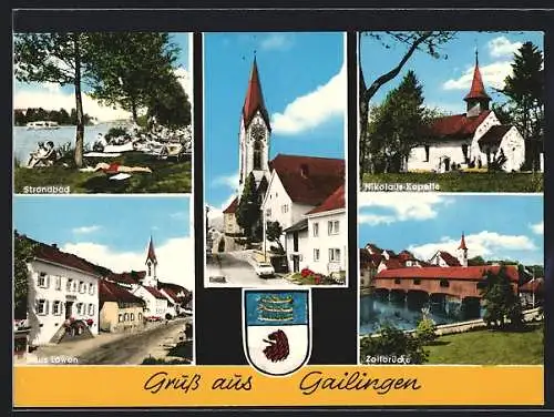 AK Gailingen, Strandbad, Haus Löwen, Kirchpartie, Nikolaus-Kapelle, Zollbrücke