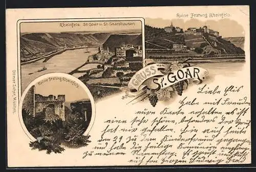 Lithographie St. Goar, Teilansicht mit Rheinfels und St. Goarshausen, Ruine Festung Rheinfels