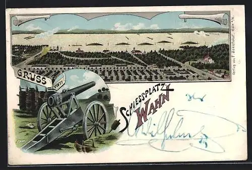 Lithographie Köln-Wahn, Schiessplatz, Teilansicht, Kanone