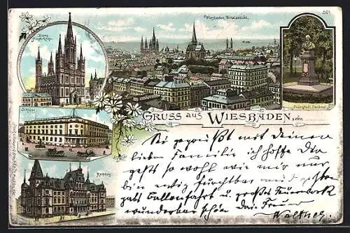 Lithographie Wiesbaden, Bodenstedt Denkmal, Rathhaus, Totalansicht aus der Vogelschau