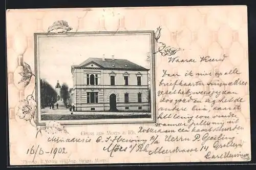 AK Moers a. Rh., Strassenpartie mit Anwohnern, Blumen, Passepartout