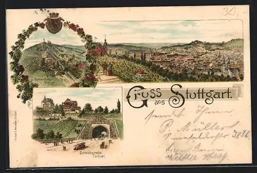 Lithographie Stuttgart, Schwabstrass-Tunnel, Hasenbergsteige, Stadt-Panorama