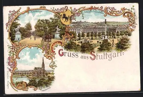 Lithographie Stuttgart, Schlossplatz mit Jubiläumssäule, Rossebändiger