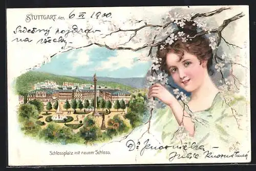 Lithographie Stuttgart, Schlossplatz mit neuem Schloss, hübsches Damenportrait