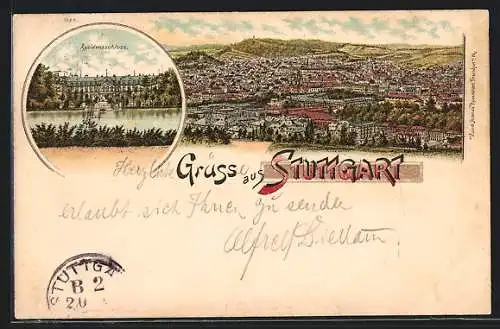 Lithographie Stuttgart, Teilansicht, Residenzschloss