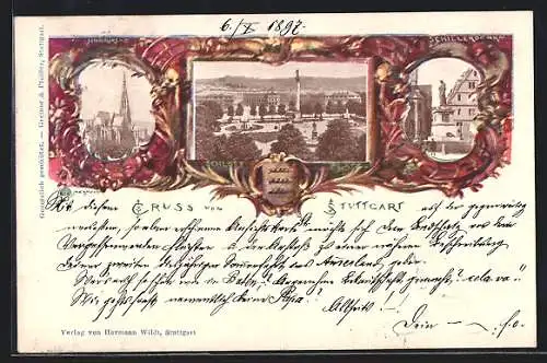 AK Stuttgart, Schloss, Johanniskirche, Schillerdenkmal