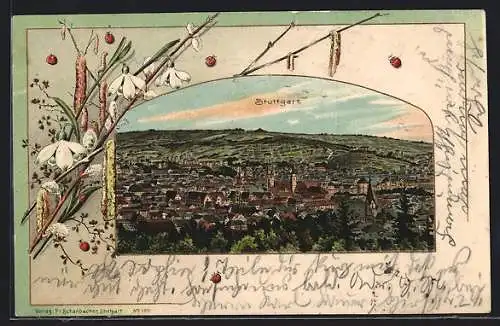 Passepartout-Lithographie Stuttgart, Panorama, Marienkäfer, Maiglöckchen